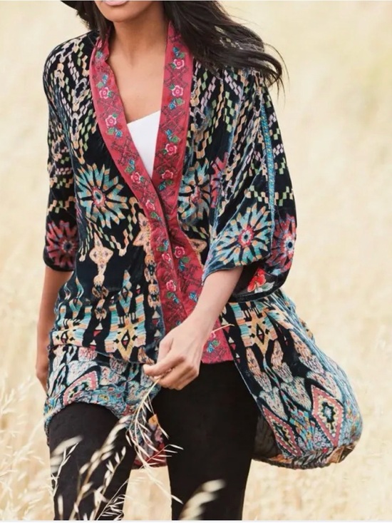 Johnny Was Tops - Johnny Was Payden Black Floral Silk/Green & Pink Embroidered Design Kimono